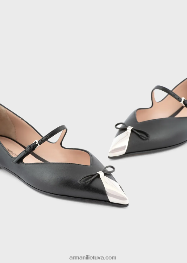 moterys juodas Armani nappa odos balerinos su metaliniais pirštais 02482X494