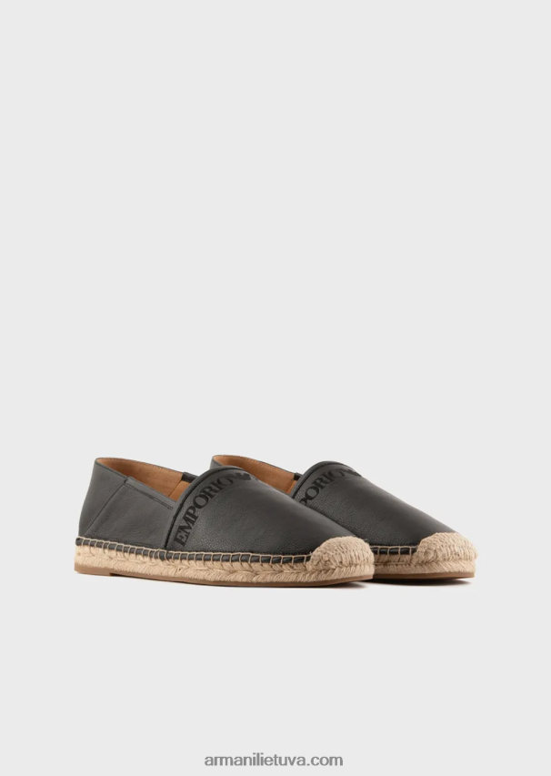 vyrų juodas Armani odinės espadrilės su logotipu išsiuvinėtos 02482X1852