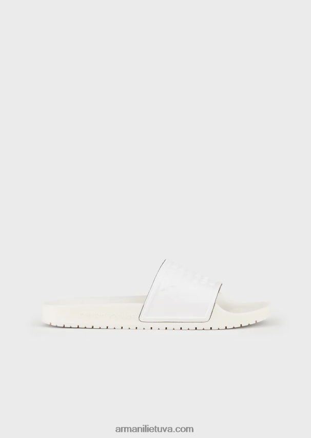 moterys baltas Armani PVC slankikliai su per dideliu reljefiniu ereliu 02482X23