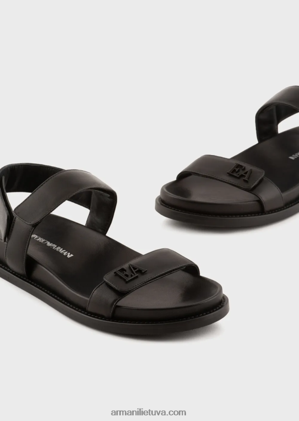 moterys juodas Armani dvijuostės sandalai iš nappa odos su ea logotipu 02482X538