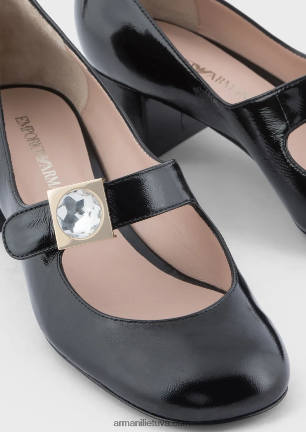 moterys juodas Armani lakuota oda Mary Janes su geometrinėmis detalėmis 02482X508