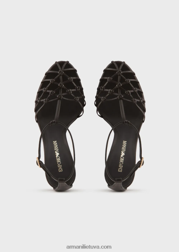 moterys juodas Armani nappa odos t-sandalai su tinklelio pynimo kulnais 02482X523