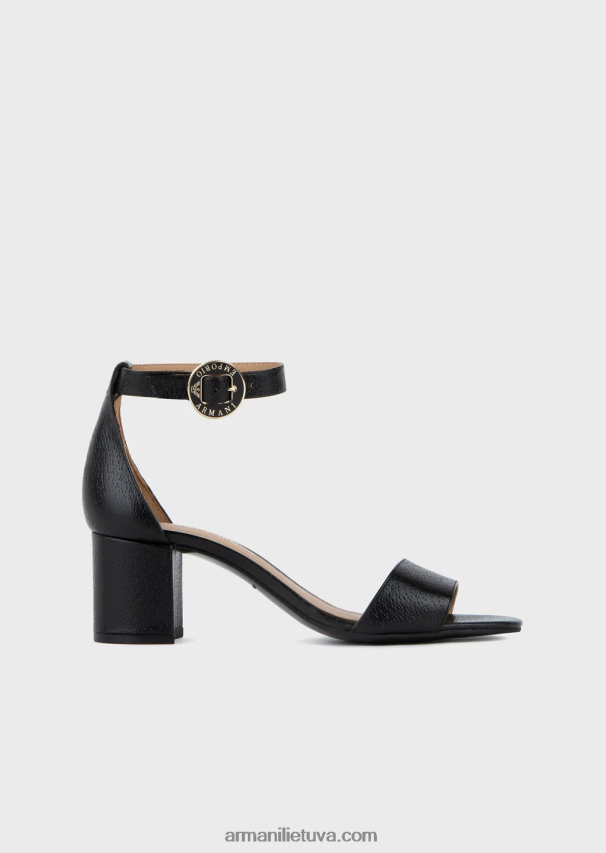 moterys juodas Armani odiniai sandalai su kulnu ir logotipu medalionu 02482X516