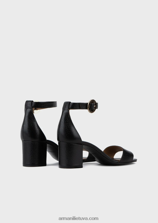 moterys juodas Armani odiniai sandalai su kulnu ir logotipu medalionu 02482X516