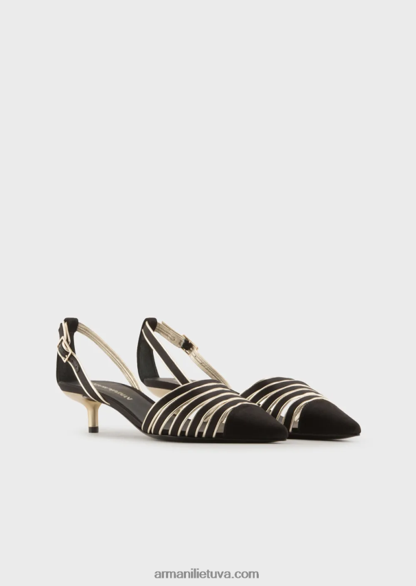moterys juodas Armani satininiai ir laminuotos „nappa“ odos „slingback“ lauko batai 02482X509