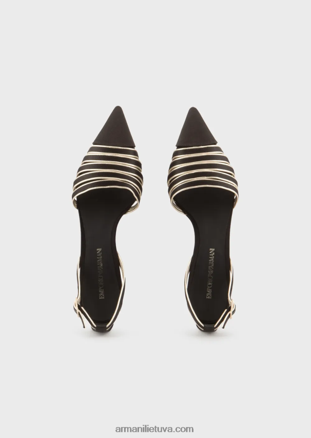 moterys juodas Armani satininiai ir laminuotos „nappa“ odos „slingback“ lauko batai 02482X509
