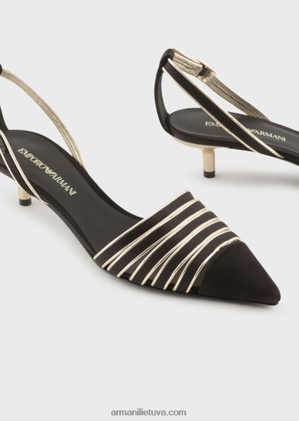 moterys juodas Armani satininiai ir laminuotos „nappa“ odos „slingback“ lauko batai 02482X509