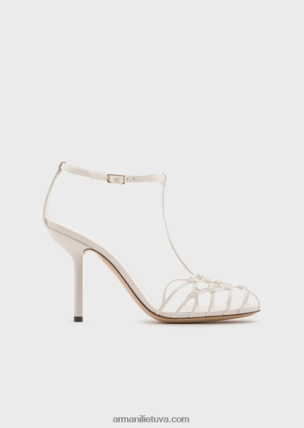 moterys pieno baltumo Armani nappa odos t-sandalai su tinklelio pynimo kulnais 02482X522