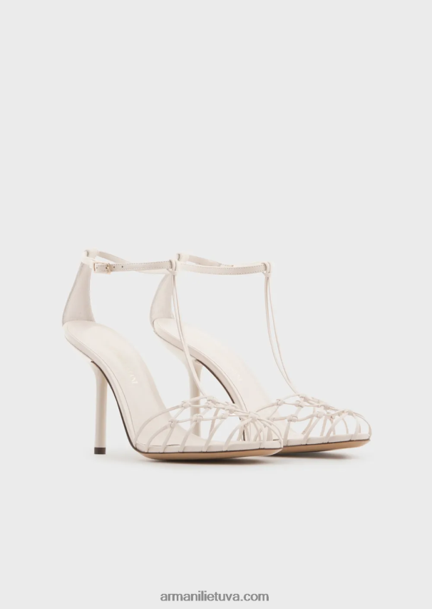 moterys pieno baltumo Armani nappa odos t-sandalai su tinklelio pynimo kulnais 02482X522