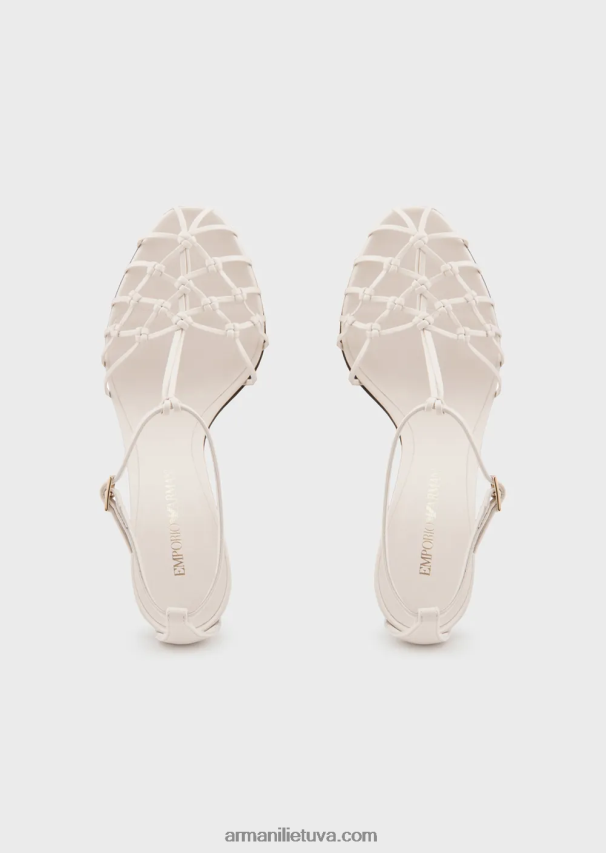 moterys pieno baltumo Armani nappa odos t-sandalai su tinklelio pynimo kulnais 02482X522