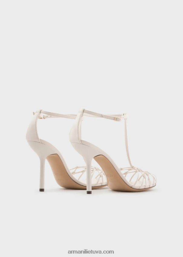 moterys pieno baltumo Armani nappa odos t-sandalai su tinklelio pynimo kulnais 02482X522