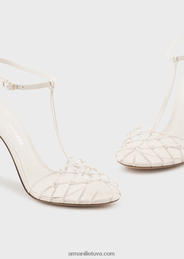 moterys pieno baltumo Armani nappa odos t-sandalai su tinklelio pynimo kulnais 02482X522