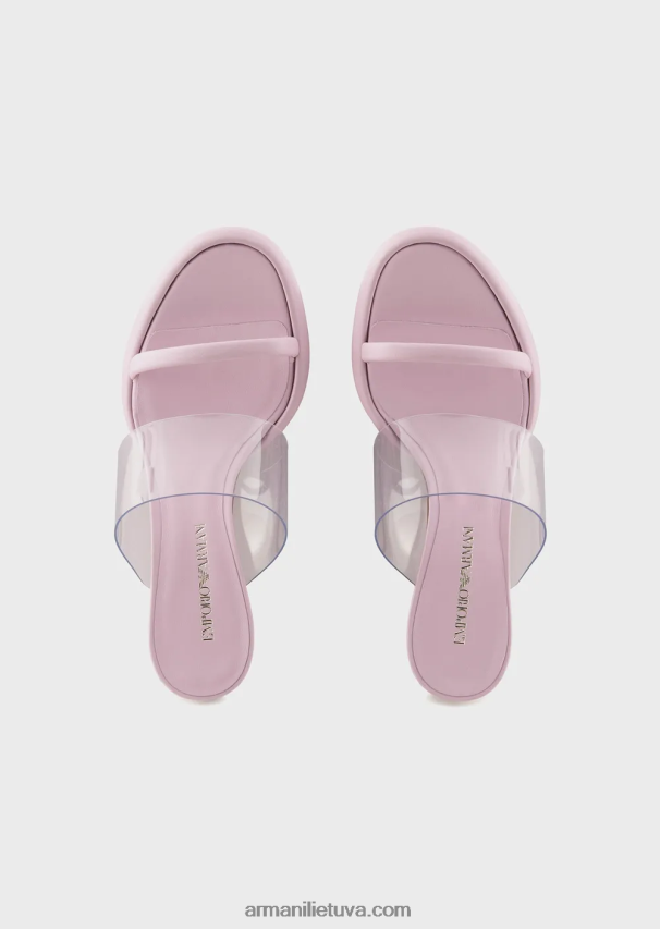 moterys rožinis Armani nappa odiniai sandalai su PVC juostele ir laminuotu kulnu 02482X511