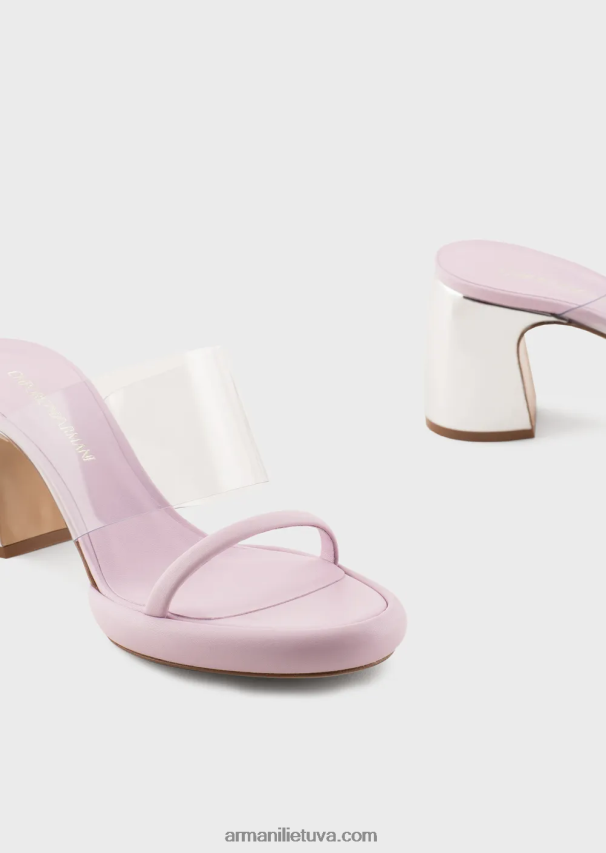 moterys rožinis Armani nappa odiniai sandalai su PVC juostele ir laminuotu kulnu 02482X511