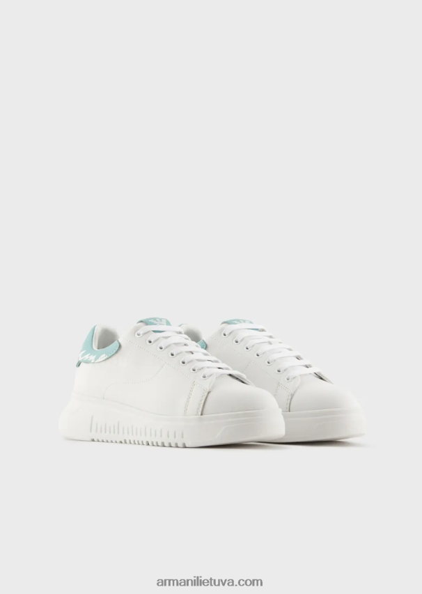 moterys baltas Armani Nappa odiniai sportbačiai su logotipu nugaroje 02482X554