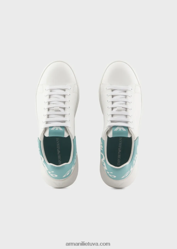 moterys baltas Armani Nappa odiniai sportbačiai su logotipu nugaroje 02482X554