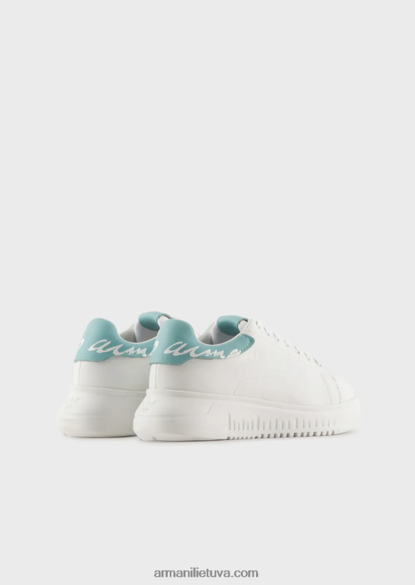 moterys baltas Armani Nappa odiniai sportbačiai su logotipu nugaroje 02482X554