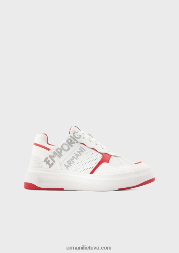 moterys baltas Armani odiniai ir nailoniniai sportbačiai su brushstroke logotipu 02482X570