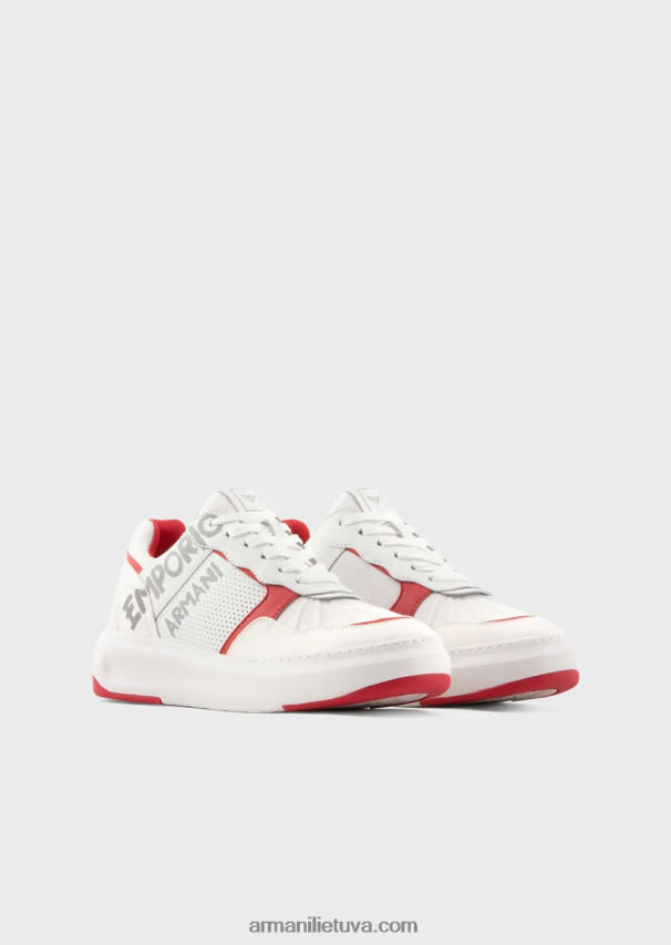 moterys baltas Armani odiniai ir nailoniniai sportbačiai su brushstroke logotipu 02482X570