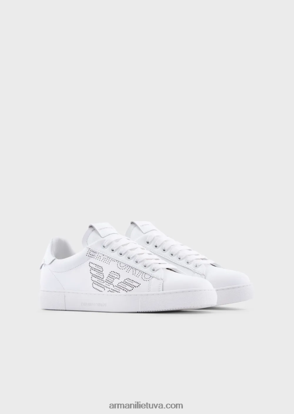 moterys baltas Armani odiniai sportbačiai su perforuotu logotipu 02482X544
