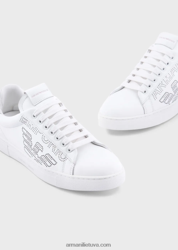 moterys baltas Armani odiniai sportbačiai su perforuotu logotipu 02482X544