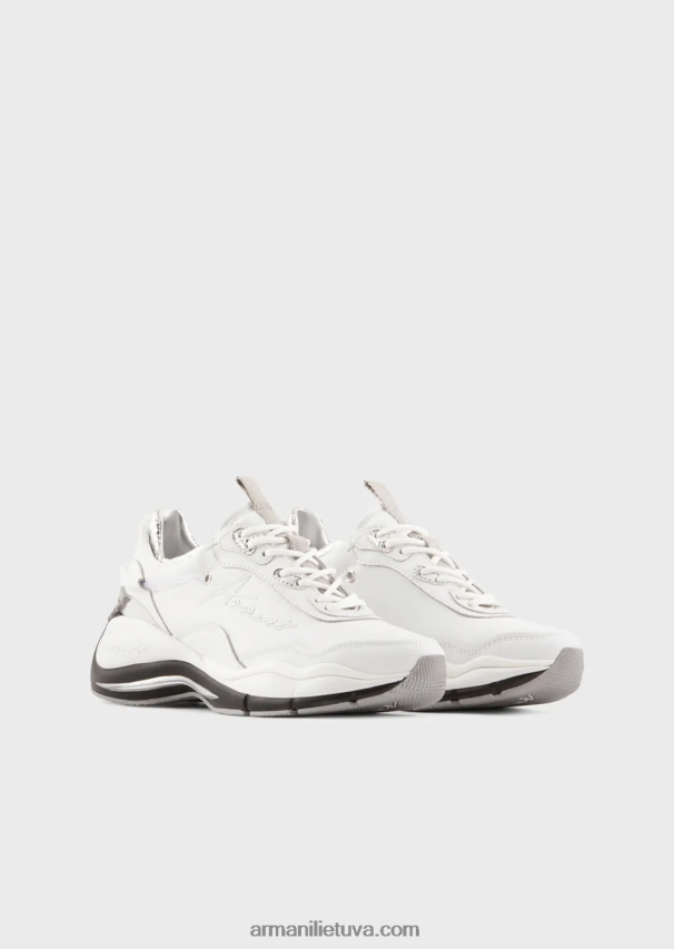 moterys baltas Armani odiniai sportbačiai su raukšlėtomis detalėmis 02482X572