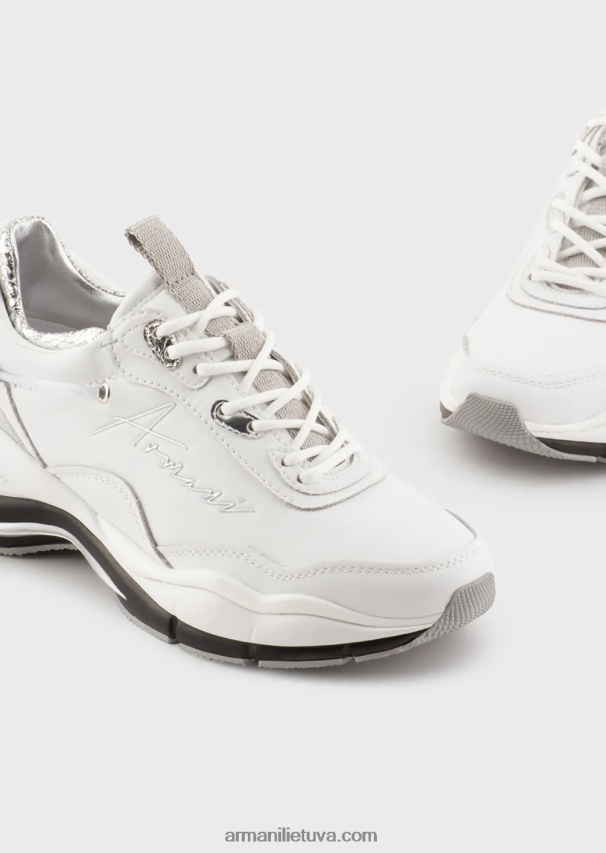 moterys baltas Armani odiniai sportbačiai su raukšlėtomis detalėmis 02482X572