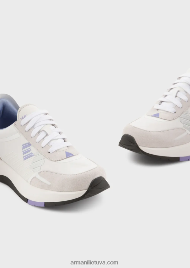 moterys baltas Armani zomšiniai ir nailoniniai sportbačiai su per dideliu ereliu 02482X562