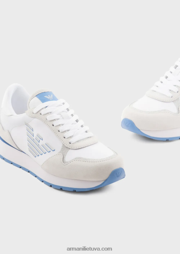 moterys baltas Armani zomšiniai ir nailoniniai sportbačiai su per dideliu ereliu 02482X565