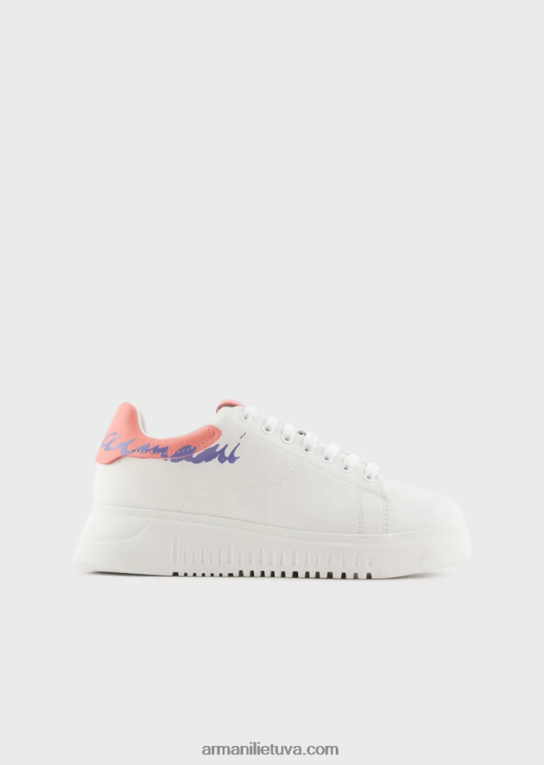 moterys baltas logotipas Armani Nappa odiniai sportbačiai su logotipu nugaroje 02482X555
