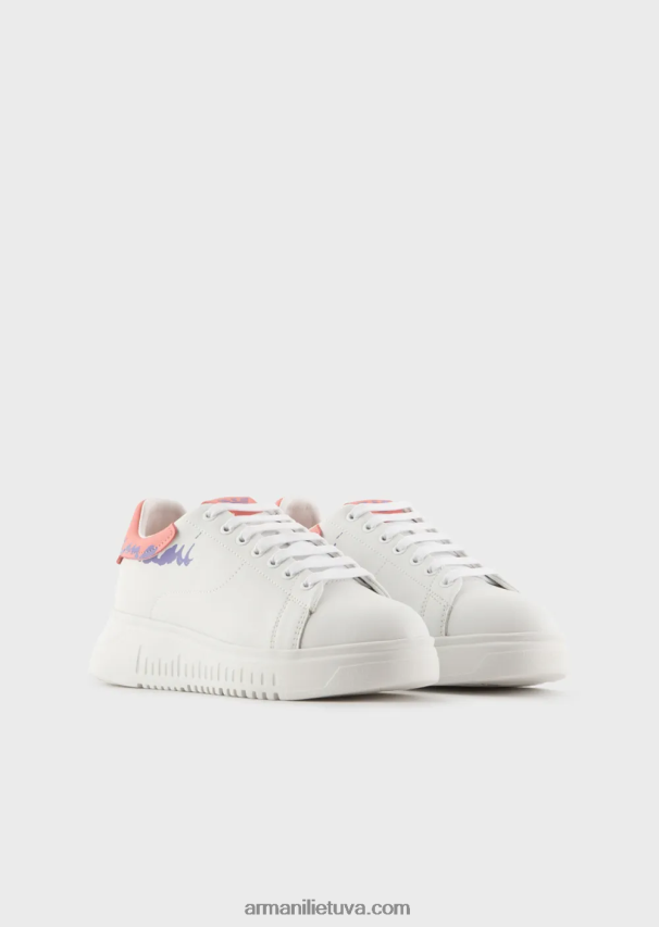 moterys baltas logotipas Armani Nappa odiniai sportbačiai su logotipu nugaroje 02482X555