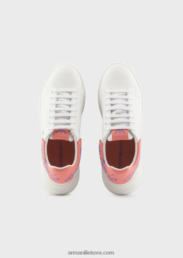 moterys baltas logotipas Armani Nappa odiniai sportbačiai su logotipu nugaroje 02482X555