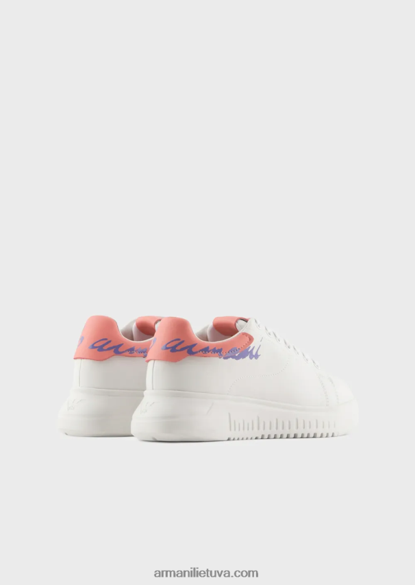 moterys baltas logotipas Armani Nappa odiniai sportbačiai su logotipu nugaroje 02482X555