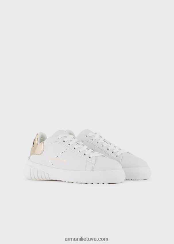 moterys baltas logotipas Armani odiniai sportbačiai su laminuota nugara 02482X557