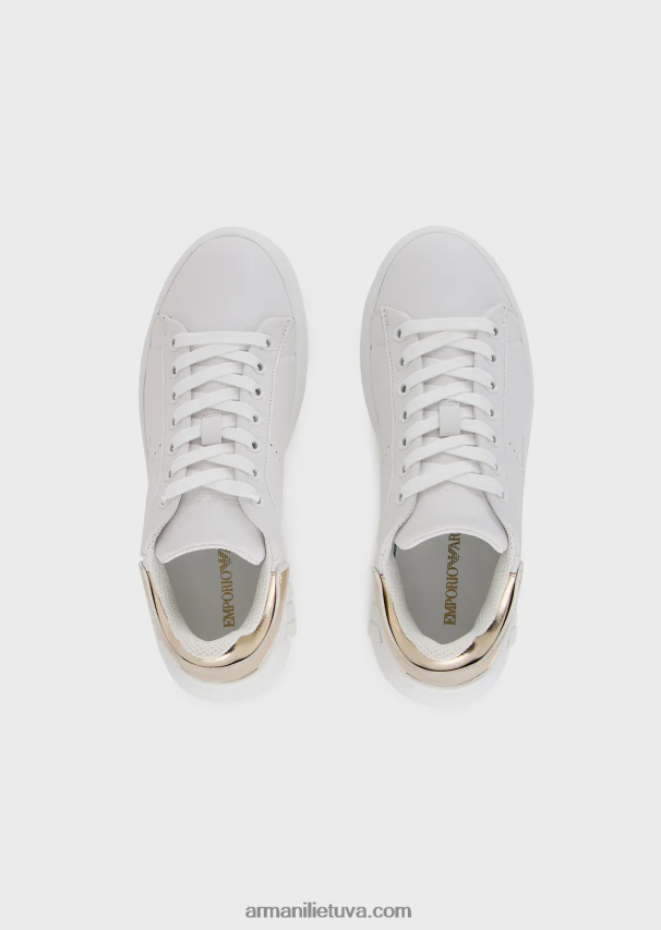 moterys baltas logotipas Armani odiniai sportbačiai su laminuota nugara 02482X557