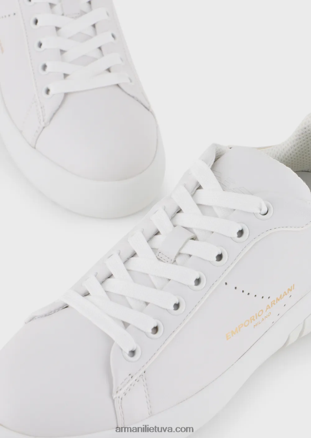 moterys baltas logotipas Armani odiniai sportbačiai su laminuota nugara 02482X557