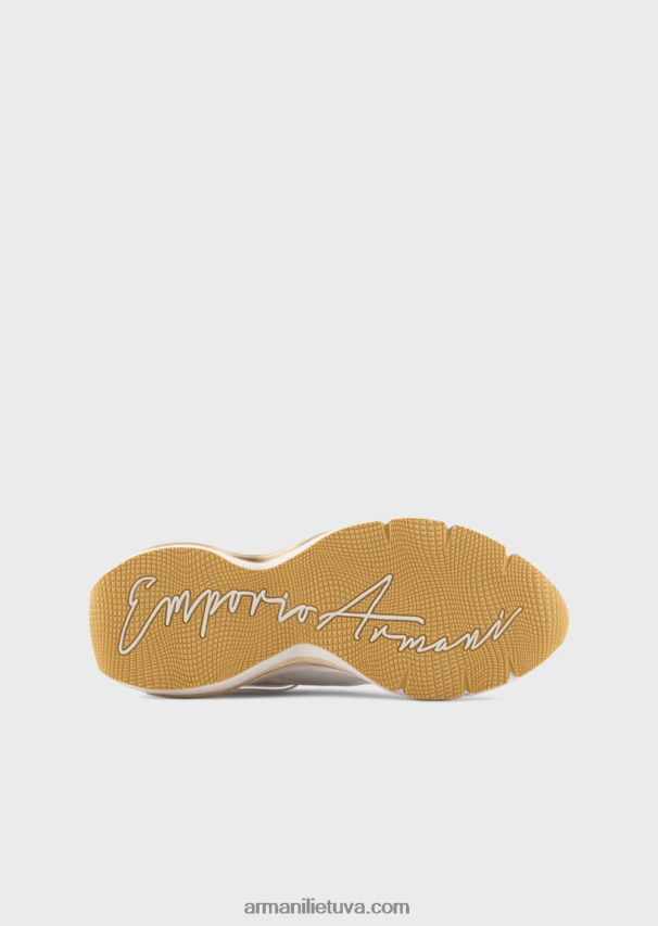 moterys baltas logotipas Armani odiniai sportbačiai su raukšlėtomis detalėmis 02482X573