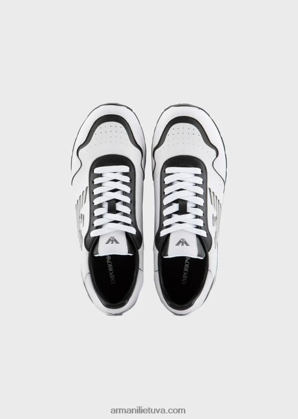 moterys bianco ir nero Armani odiniai sportbačiai su kontrastingu ereliu 02482X567