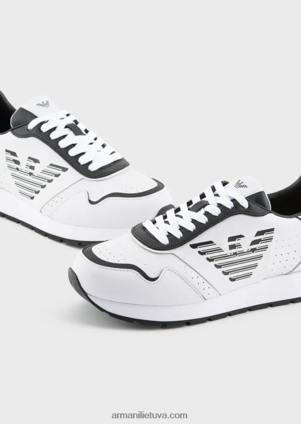 moterys bianco ir nero Armani odiniai sportbačiai su kontrastingu ereliu 02482X567