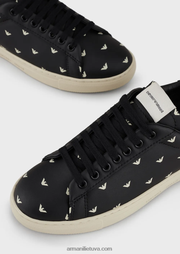 moterys juodas Armani minkšti odiniai sportbačiai su 3d ereliu 02482X546