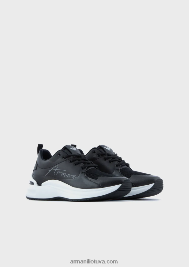 moterys juodas Armani odiniai ir tinkliniai sportbačiai su firminiu logotipu 02482X550