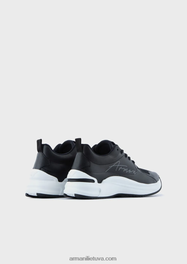 moterys juodas Armani odiniai ir tinkliniai sportbačiai su firminiu logotipu 02482X550