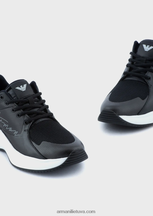 moterys juodas Armani odiniai ir tinkliniai sportbačiai su firminiu logotipu 02482X550