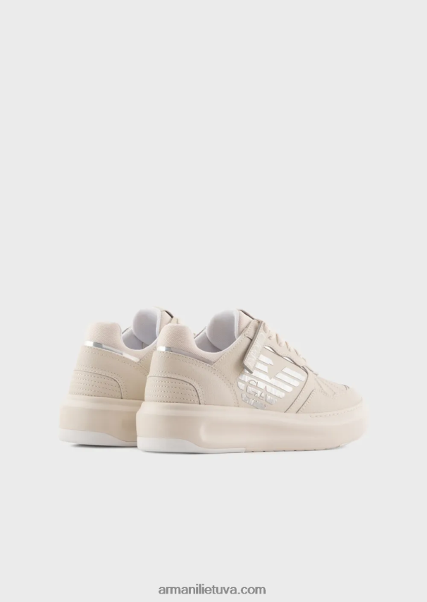 moterys pieno baltumo Armani odiniai sportbačiai su laminuotu ereliu 02482X560