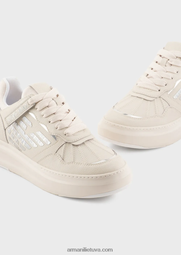 moterys pieno baltumo Armani odiniai sportbačiai su laminuotu ereliu 02482X560
