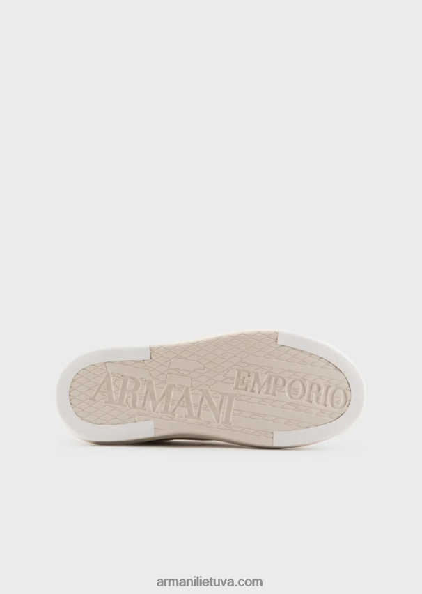 moterys pieno baltumo Armani odiniai sportbačiai su laminuotu ereliu 02482X560