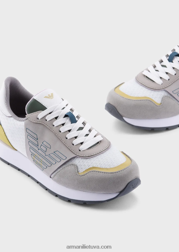 moterys pilka Armani zomšos tinklelio ir nappa odos sportbačiai su išsiuvinėtu ereliu 02482X543