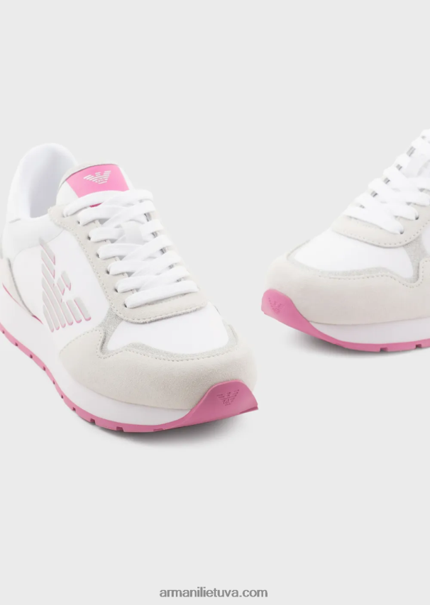 moterys rožinis Armani zomšiniai ir nailoniniai sportbačiai su per dideliu ereliu 02482X564
