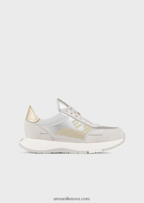 moterys sidabras Armani zomšiniai ir nailoniniai sportbačiai su per dideliu ereliu 02482X561