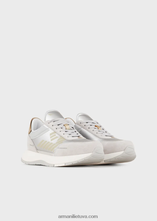 moterys sidabras Armani zomšiniai ir nailoniniai sportbačiai su per dideliu ereliu 02482X561